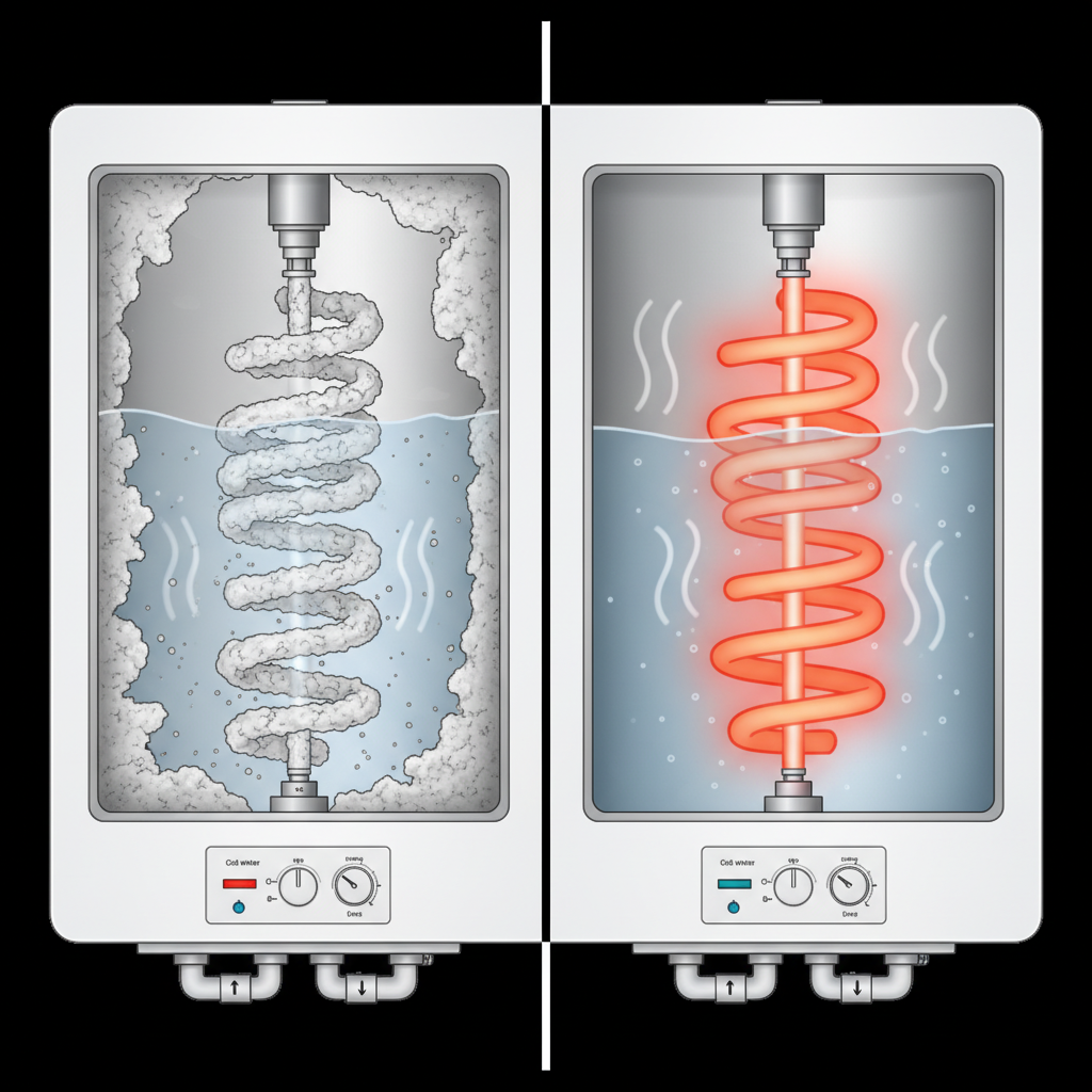 A detailed cross-section illustration of a domestic hot water boiler. On one side, show the interior with significant, thick, white-grey limescale encrusting the heating element and the inner tank wall, depicting restricted heat transfer and insulation. On the other side, show the same boiler interior completely clean and smooth, with the heating element glowing brightly and efficiently heating the clear water. Use a clear visual divide to highlight the stark contrast. Style: realistic technical cutaway illustration with precise detailing.