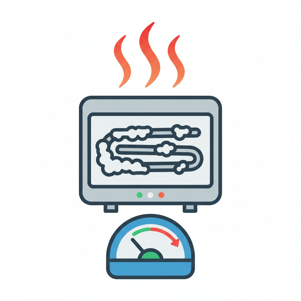 A conceptual flat illustration depicting a boiler with a prominent heating element heavily coated in rough, white-grey limescale. Surrounding the boiler, large, abstract heat wave symbols are shown escaping upwards, implying wasted energy. Below the boiler, a stylized energy meter visual, with a needle clearly pointing to a high consumption level, visually represents increased costs. The overall mood should convey inefficiency. Style: clean, modern infographic style with clear visual metaphors.