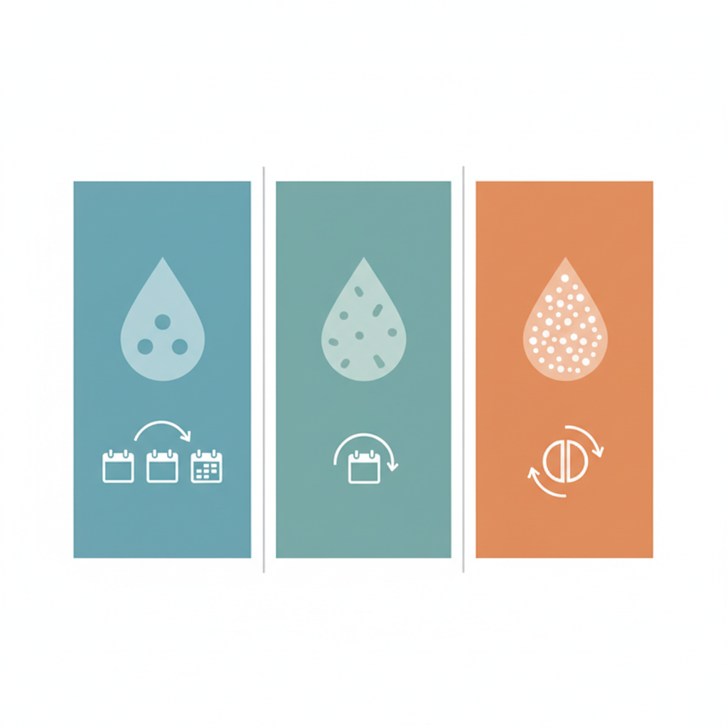 An infographic-style illustration clearly differentiating three vertical sections. Each section represents a water hardness level: The first shows 'soft water' with minimal mineral dots in a droplet icon and a visual indicating '2-3 years' for descaling (e.g., three small calendar icons). The second shows 'medium water' with moderate mineral dots and '1 year' (one calendar icon). The third shows 'hard water' with many mineral dots and '6 months' (two half-year calendar icons). Use distinct but harmonious color coding for each section. Style: clean, minimalist infographic with clear visual indicators.