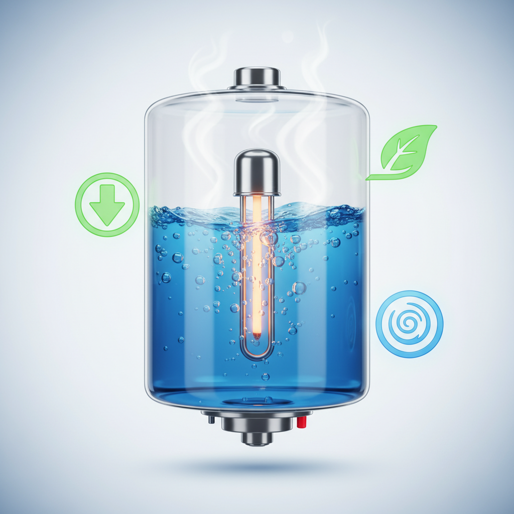 A vibrant and dynamic illustration of a perfectly clean, well-maintained domestic hot water boiler. Inside a transparent tank, clear, blue water circulates freely, with efficient heat transfer from a gleaming, unencumbered heating element. Gentle steam rises, symbolizing optimal performance. Around the boiler, abstract energy-saving symbols, like a green downward-pointing arrow or a stylized leaf, visually convey efficiency and reduced energy consumption. Style: bright, optimistic 3D rendering or a detailed, clean technical illustration with a focus on fluidity.