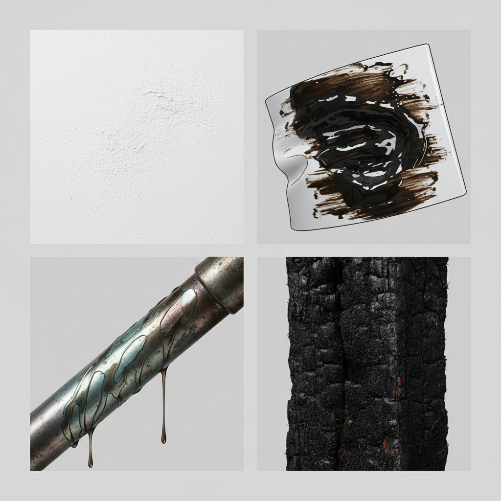 A detailed infographic-style illustration contrasting the four main types of soot after fire damage. The image should be divided into four distinct sections, each depicting a specific soot type on a representative surface: (1) Powdery, light grey dry soot on a white wall; (2) Dark, sticky, oily wet soot smeared on a melted plastic object; (3) Streaky, corrosive condensation soot on a metallic pipe, showing subtle discoloration; (4) Deeply embedded, fine black smoldering soot on a textured wooden beam or fabric. The overall visual should clearly differentiate the textures and appearances of each soot type, suitable for an educational blog.