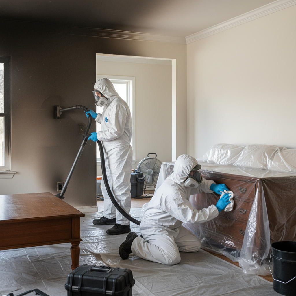 A professional, dynamic photo capturing a team performing post-fire damage cleaning in a residential setting. The scene depicts a partially cleaned living room. Two professionals, wearing protective suits, respirators, and gloves, are actively working. One is using a specialized HEPA vacuum cleaner on a sooted wall, while the other is carefully wiping down a piece of furniture with a cleaning cloth. The background shows visible soot on uncleaned areas, contrasting with the restored cleanliness of areas already processed. The overall impression should be one of efficiency, expertise, and thorough restoration.