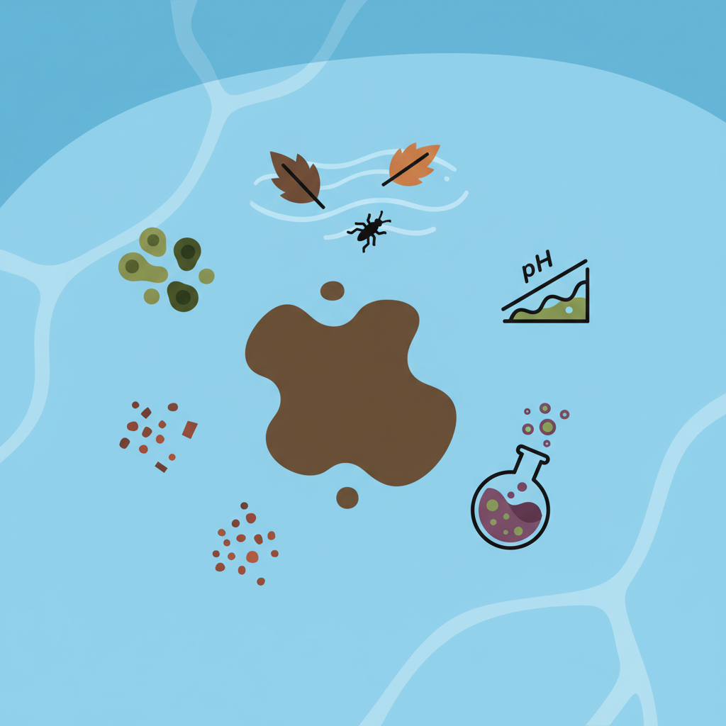 A vibrant flat illustration depicting a close-up section of a light blue pool liner with a prominent brown stain. Surrounding the stain, visual elements symbolize its various causes: small clusters of brownish algae cells, tiny rust-colored metallic particles representing mineral deposits, decomposing leaves and insects floating near the surface, and abstract icons suggesting chemical imbalance, like a wonky pH scale or bubbling chemicals. The overall composition should clearly explain the multiple factors leading to the unsightly discoloration, with clean lines and a modern, informative aesthetic.