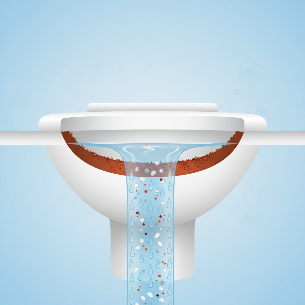A conceptual, clean infographic-style illustration depicting the formation of a brown toilet rim. The image should show a stylized cross-section of a toilet bowl's inner ceramic surface. Flowing water droplets are illustrated, containing tiny, abstract representations of mineral particles (e.g., white, angular shapes for calcium/magnesium) and rust-colored particles (for iron). These particles are visibly accumulating and oxidizing on the inner surface of the toilet bowl, forming a distinct brown layer or ring just above an implied water line. The background is simple and clean, emphasizing the chemical process.
