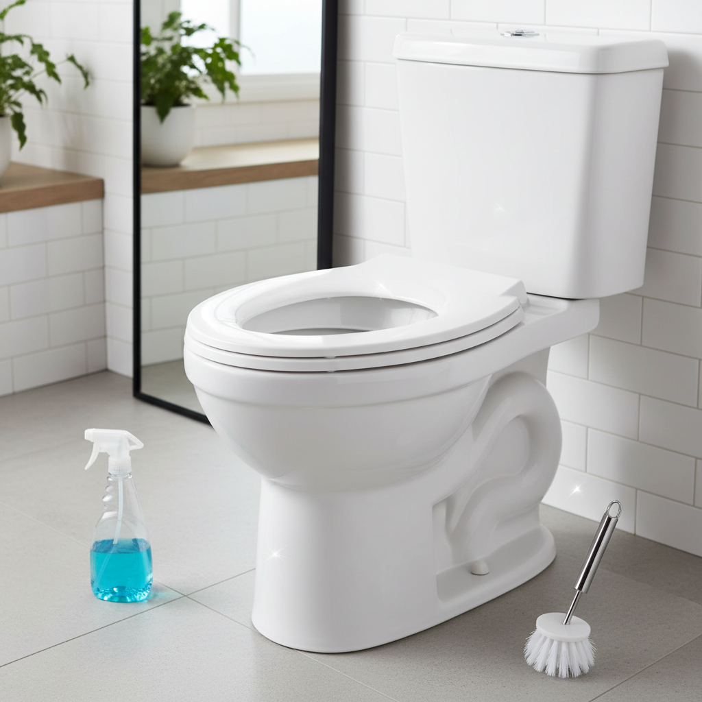A visually appealing, professional photo style image showcasing a sparkling clean toilet bowl from a slightly elevated angle. The ceramic interior is pristine white and glossy, reflecting light brightly, with absolutely no hint of stains, limescale, or discoloration. The scene should exude freshness and hygiene. A clean, generic cleaning brush or a non-branded spray bottle could be subtly placed near the toilet, hinting at effective cleaning. The overall setting is a minimalist, well-lit modern bathroom, emphasizing the immaculate result.