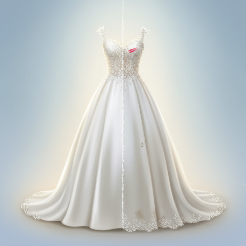 A stunning wedding dress is depicted in a transformative illustration. One half of the dress, from bodice to hem, is pristine, radiant white, and perfectly preserved, hinting at its original beauty. The other half subtly shows signs of post-wedding festivities: a light dirt smudge near the hem, a faint makeup trace on the bodice, and a tiny, almost invisible champagne droplet. A soft, warm light illuminates the clean side, symbolizing professional restoration, while the other side appears slightly less vibrant. The overall image emphasizes the dramatic difference professional cleaning makes in restoring the dress's splendor. Detailed and realistic digital painting.
