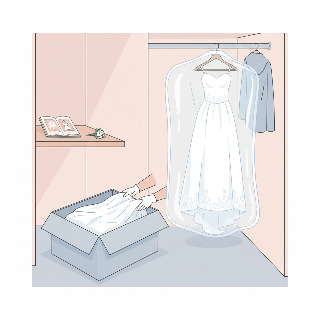 An elegant, freshly cleaned wedding dress is carefully placed into archival storage. The pristine white dress is either gently folded within a breathable, acid-free storage box or meticulously hung inside a translucent garment bag. The setting is clean and minimalist, perhaps a soft-lit closet interior with a hint of a cherished wedding photograph album nearby. The overall impression is one of delicate care and long-term preservation, ensuring the gown remains immaculate for years to come. The image evokes a sense of protection and cherished memories, highlighting the value of proper post-wedding care. Detailed, clean flat illustration with soft, pastel colors.