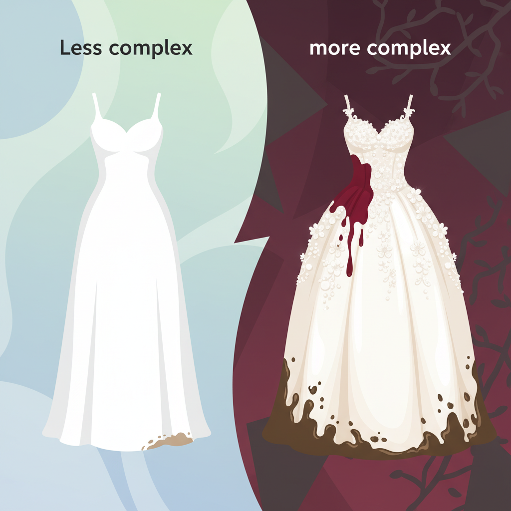 A vibrant flat illustration depicting a visual comparison of factors influencing wedding dress cleaning costs. On one side, a simple, clean, synthetic wedding dress, perhaps subtly stained at the hem, implying a lower cost. On the other side, a richly embellished silk wedding dress, covered with delicate lace, pearls, and a prominent wine stain and muddy hem, suggesting a higher cleaning cost. The background should subtly differentiate between 'less complex' and 'more complex' scenarios, perhaps with distinct color palettes or patterns for each side, visually representing the cost spectrum.
