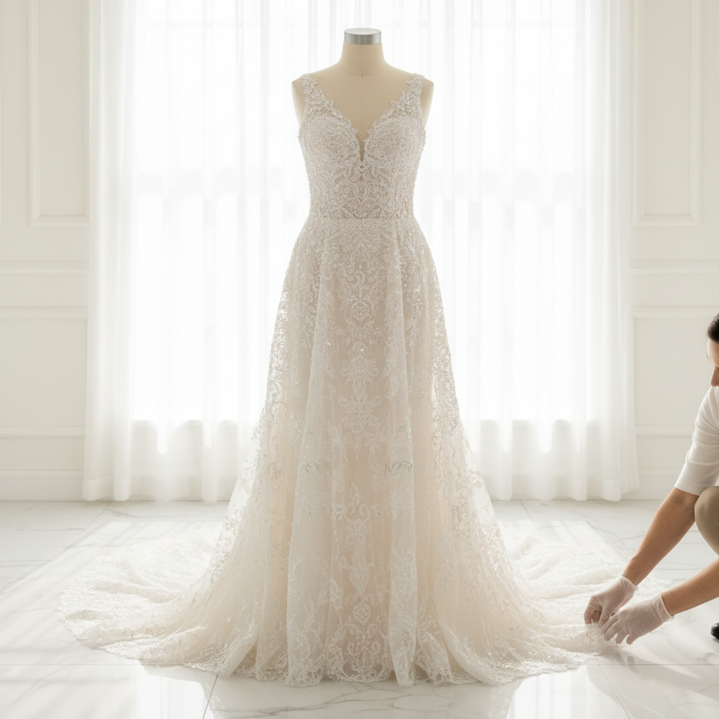 A professional photo composition featuring a pristine, radiant wedding dress draped gracefully on a hanger or mannequin in a clean, bright setting, implying its successful cleaning and preservation. A subtle, soft light illuminates its intricate details like delicate lace and shimmering fabric, highlighting its renewed beauty. In the foreground, out of focus, a pair of gentle hands could be seen, symbolizing expert care and attention. The overall atmosphere should convey freshness, delicacy, and meticulous craftsmanship, celebrating the dress's restored elegance.