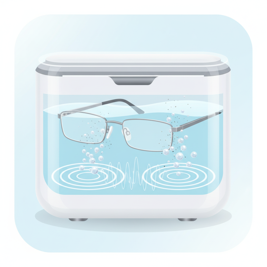 A detailed, professional flat illustration in a modern, clean style. The image depicts a cutaway view of a sleek, white and silver ultrasonic cleaner device. Inside the transparent tank, a pair of contemporary eyeglasses is submerged in a shimmering cleaning solution. Subtle, concentric sound waves radiate from the bottom of the tank, visually indicating high-frequency vibrations. Surrounding the glasses, especially near hinges and nose pads, countless tiny, iridescent bubbles (cavitation) are forming and bursting, gently lifting microscopic dirt particles away from the surfaces. The background is minimalist and light, emphasizing the scientific process.