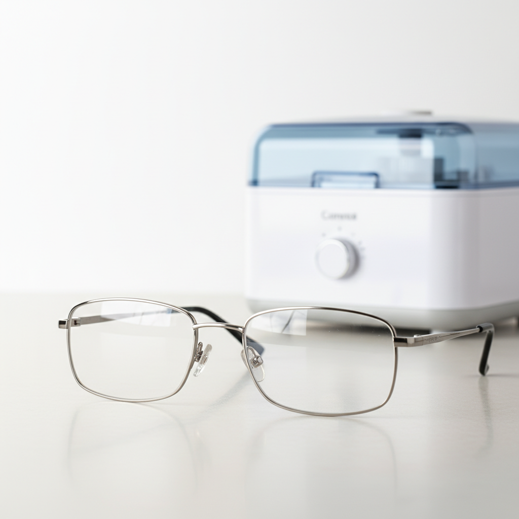 A professional, crisp studio photograph or realistic digital painting. The image presents a pair of stylish, clean eyeglasses sparkling brightly on a minimalist, light-colored surface. The lenses reflect light clearly, showing no smudges or dust, emphasizing pristine vision. In the background, slightly out of focus, a modern ultrasonic cleaning device is visible, subtly suggesting the source of this cleanliness. The overall mood is one of clarity, care, and quality, promoting the benefits of optimal cleaning frequency for maintaining eyeglasses. The lighting is bright and even, highlighting the flawless condition of the glasses.
