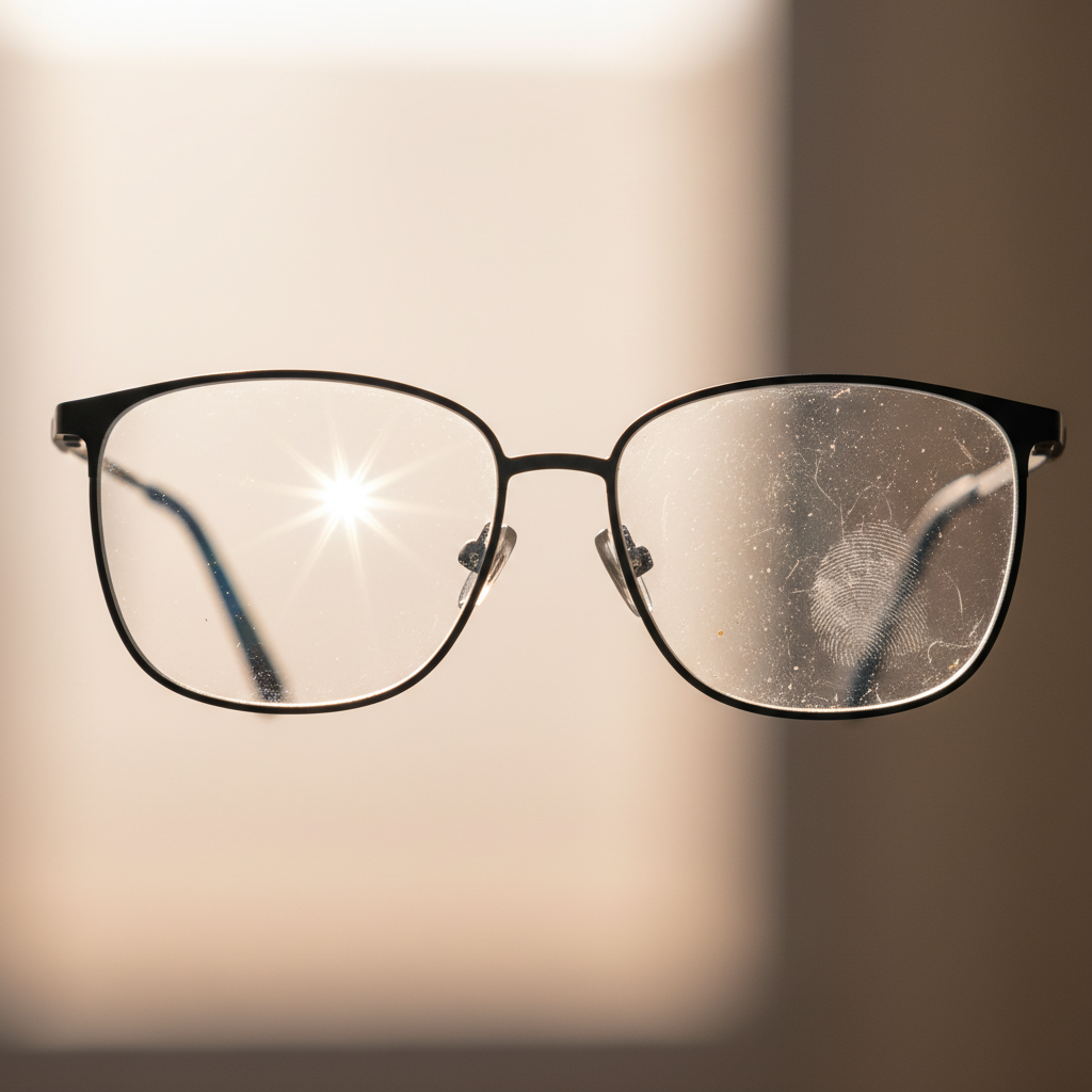 A professional close-up photo of a modern pair of eyeglasses. One lens is pristine, sparkling, and perfectly clear, reflecting a soft light source, indicating optimal cleanliness and vision. The adjacent lens is significantly obscured by visible fingerprints, dust specks, and smudges, creating a hazy, blurry appearance. The image should starkly contrast the immediate visual difference between properly cleaned and dirty spectacle lenses, emphasizing the benefit of clear sight. The background is softly out of focus, keeping the attention entirely on the lenses.