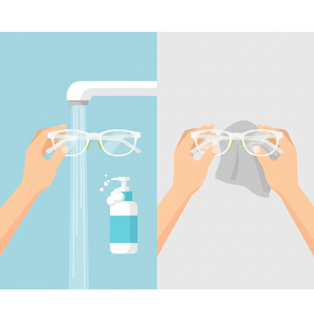 A clean, modern flat illustration depicting the process of cleaning eyeglasses. A pair of hands gently holds a pair of glasses under a gentle stream of clear water. A small, generic bottle or dispenser suggests a mild cleaning solution (like soap or spray) being applied to the lenses. In a subsequent step within the same composition, the hands are carefully wiping the lenses with a soft, grey microfiber cloth. The illustration should convey a sense of care and precision, using a bright, clean color palette suitable for a blog post.
