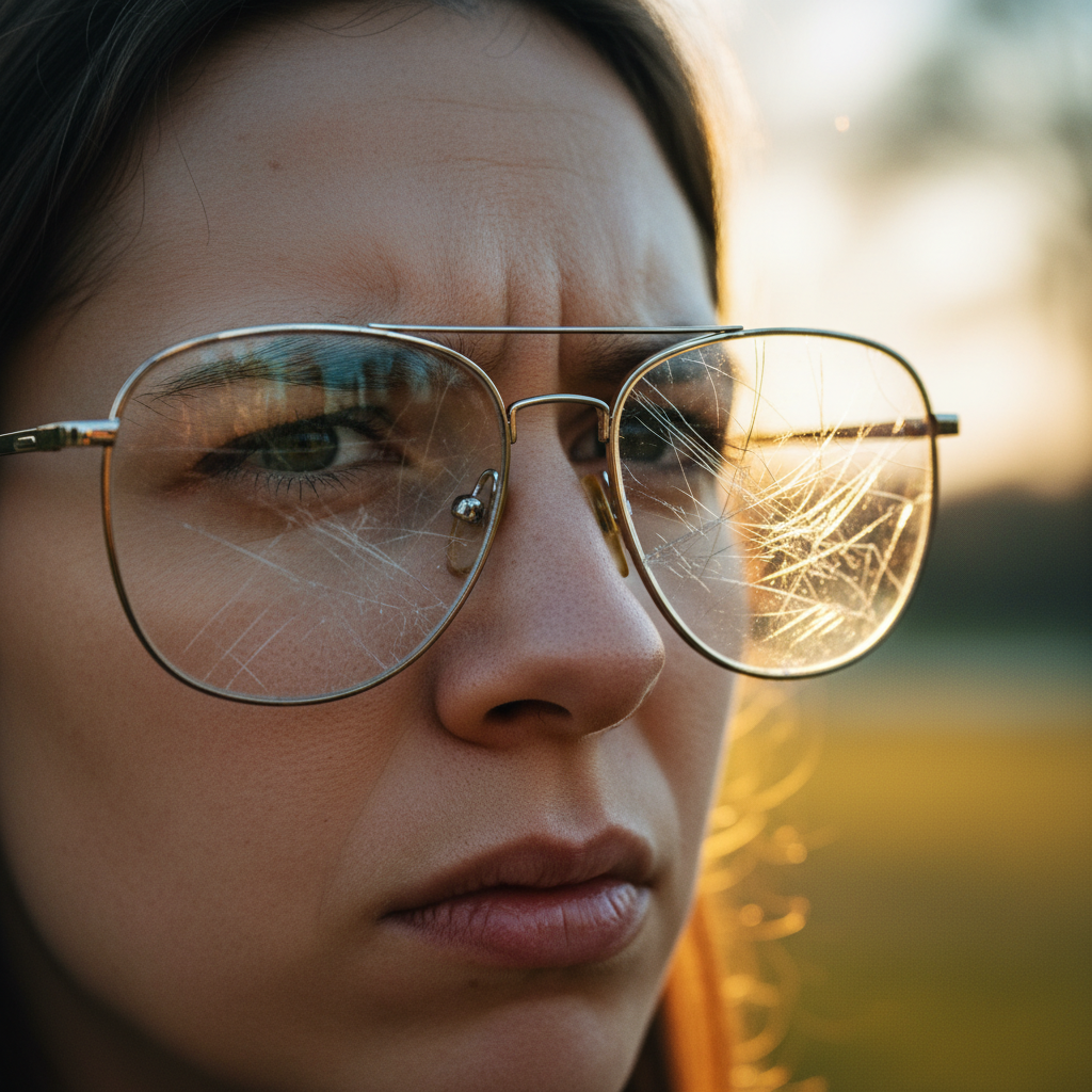 A close-up, eye-level professional photo capturing a person's face peering through eyeglasses. The lenses are visibly covered with multiple fine scratches, causing a noticeable distortion and blurring effect on the view beyond. Light subtly refracts and scatters off the scratches, making the person's eye appear slightly strained or confused, highlighting the visual discomfort caused by damaged lenses. The background is softly out of focus, emphasizing the blurry world seen through the impaired glasses.