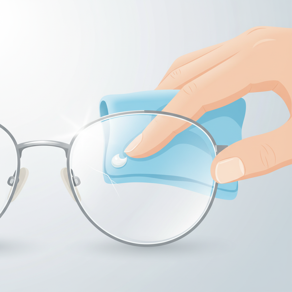 A bright, clean flat illustration depicting the careful application of a tiny, pearl-sized amount of white, non-gel toothpaste onto a soft, light blue microfiber cloth. In the foreground, a hand gently dabs the cloth onto a prominent, fine scratch on the surface of an eyeglass lens. The scene is well-lit, emphasizing precision and a gentle touch, suggesting a delicate repair process. The eyeglasses are simple and modern, and the background is minimalist, focusing entirely on the interaction of the cloth, toothpaste, and lens.