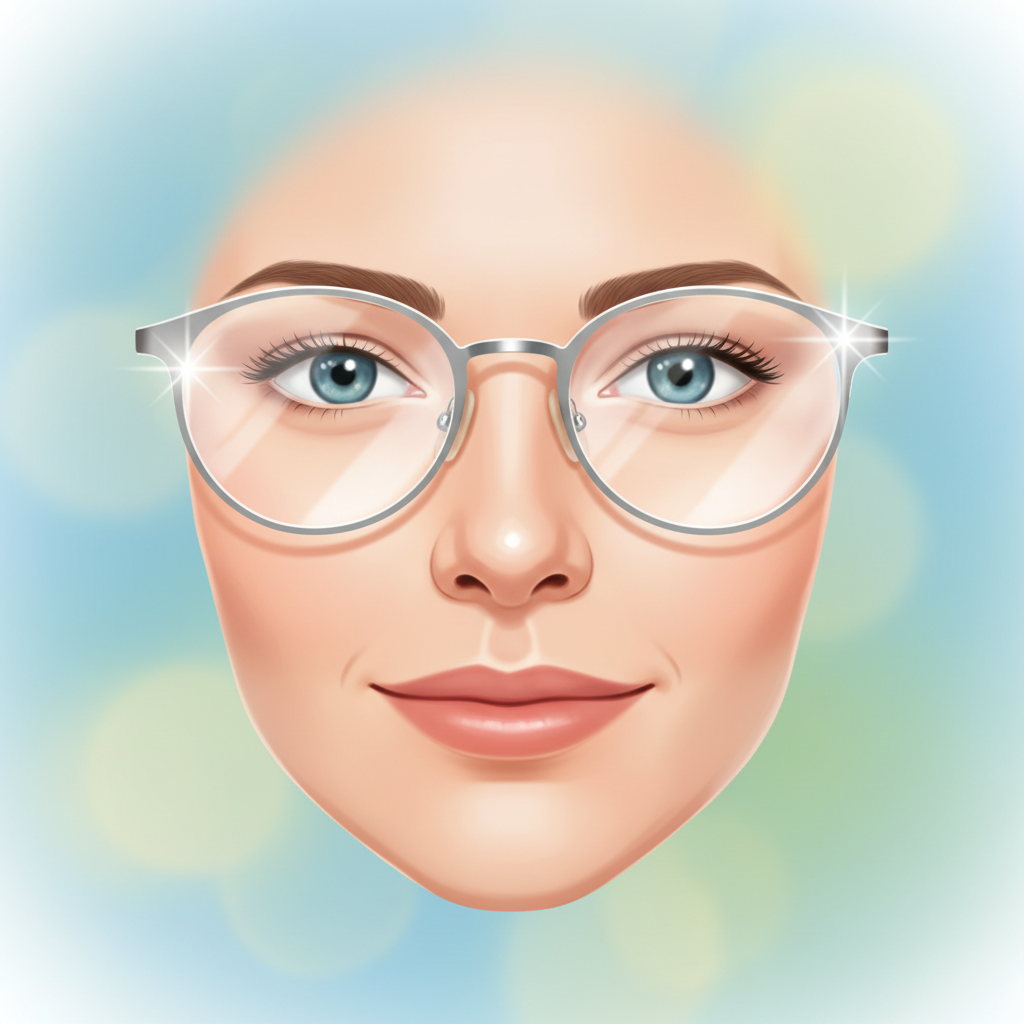 A person with a satisfied expression, looking forward through perfectly clean eyeglasses. The lenses are sparkling, catching a subtle glint of light, symbolizing crystal-clear vision and comfort. The background is softly blurred, enhancing the sharp focus through the glasses. The overall mood conveys ease and optimal clarity achieved through proper cleaning. Professional digital illustration, bright and clean aesthetic, smooth gradients, with a focus on human satisfaction.