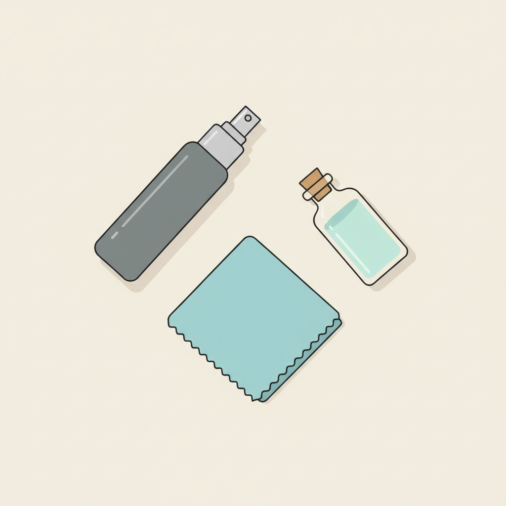 A flat lay composition showcasing various essential eyeglass cleaning items. Include a sleek, generic spray bottle, a neatly folded, soft microfiber cleaning cloth, and a small, clear container representing a gentle cleaning solution. Arrange these items aesthetically on a clean, light surface, emphasizing organization and the range of tools for effective lens care. Modern, minimalist flat illustration, clean lines, soft, even lighting, with a fresh and inviting color palette.