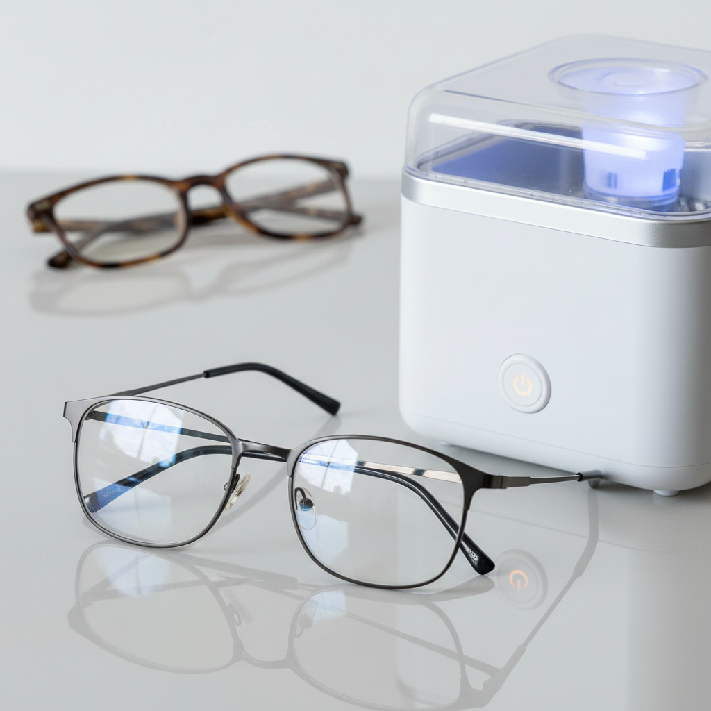 A professional product photo featuring a pair of perfectly sparkling clean eyeglasses resting elegantly beside a sleek, minimalist ultrasonic cleaning device. The glasses should appear immaculate, reflecting light beautifully, suggesting their newfound pristine condition. In the background, a subtle, out-of-focus hint of a previous, slightly smudged or dusty pair of glasses could be implied. The ultrasonic cleaner itself should be modern and compact, perhaps with a soft, inviting glow from its operational area, emphasizing ease of use and effectiveness.