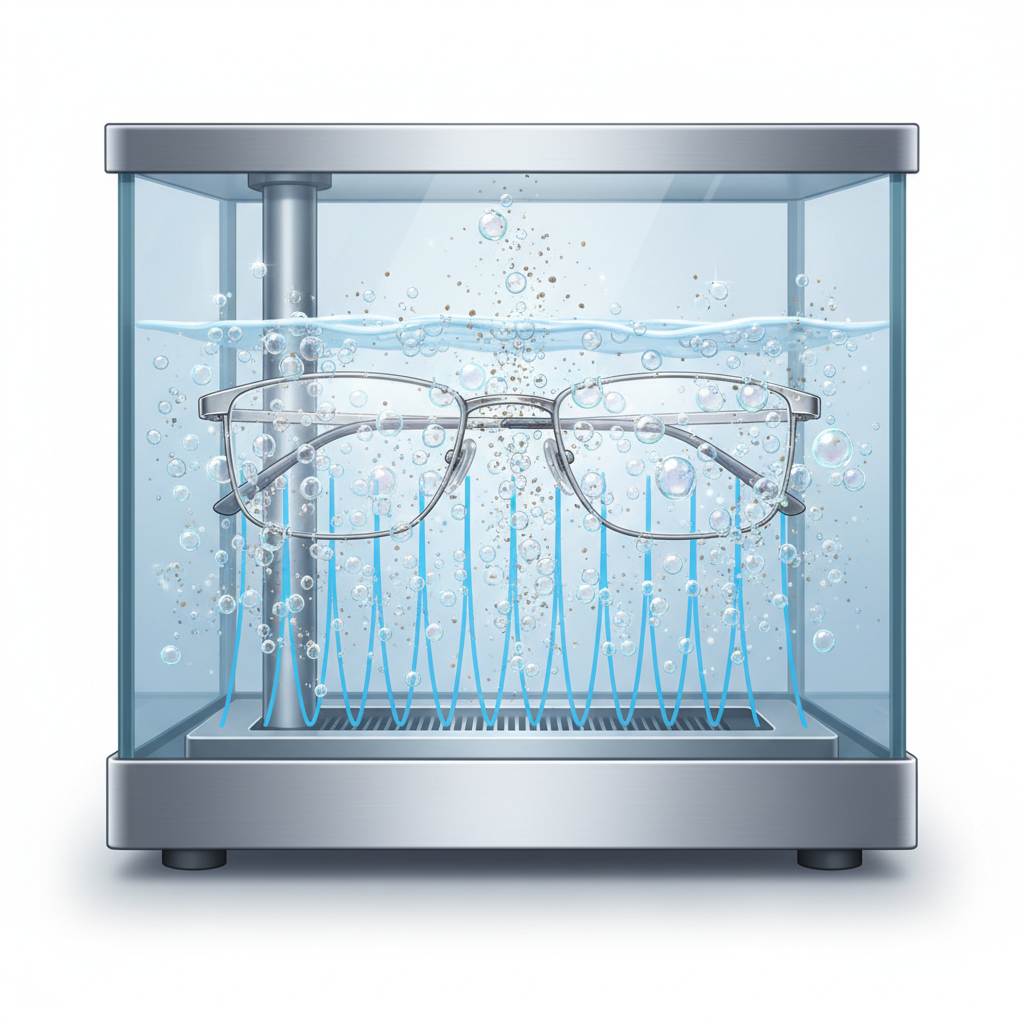 An intricate, modern scientific illustration depicting a cutaway view of an ultrasonic cleaner tank. Inside, a pair of eyeglasses is submerged in a clear liquid. High-frequency sound waves, represented by subtle, wavy lines, emanate from the base of the tank and propagate upwards. These waves should be shown generating countless tiny, shimmering bubbles (cavitation) throughout the liquid. Focus on these bubbles imploding near the surface of the eyeglass lenses and frames, releasing microscopic energy bursts that gently dislodge dirt particles and specks, which are depicted lifting away from the glass.