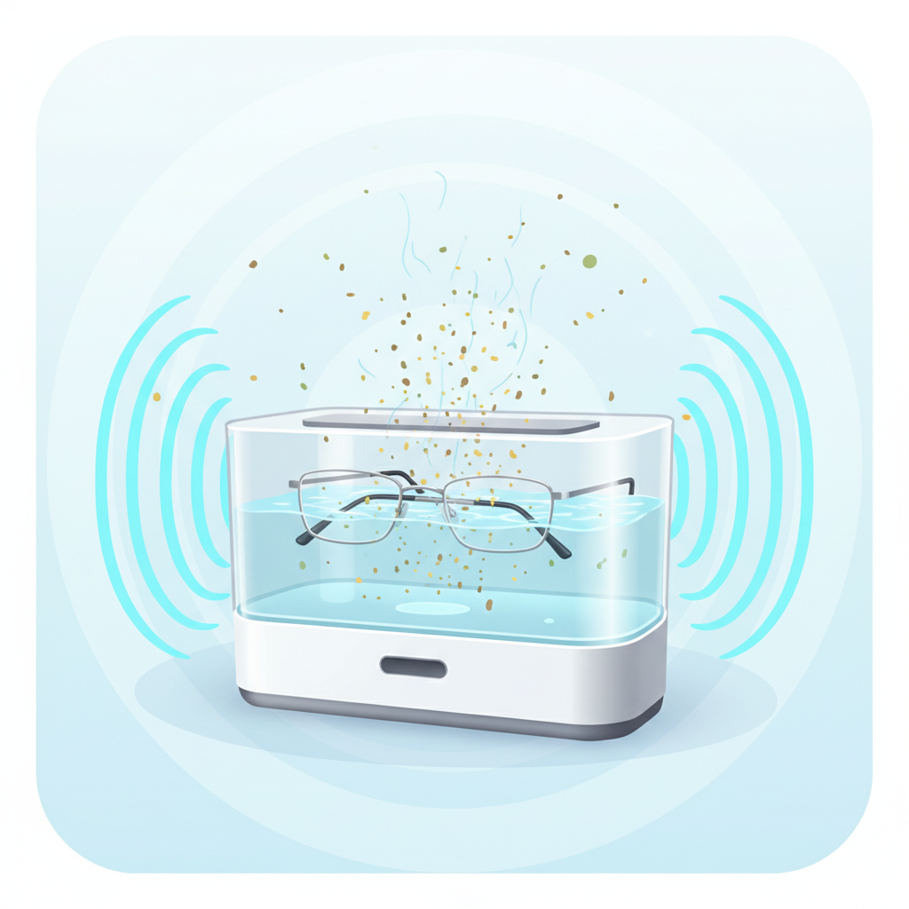 An illustrative representation of microscopic cleaning action. The foreground features a sleek, minimalist flat illustration of an ultrasonic glasses cleaning device, partially transparent to show water inside. A pair of glasses is submerged within the water. Around the glasses and emanating from the device, delicate, wavy lines or subtle sonic wave patterns are depicted, subtly dislodging tiny, abstract particles (representing grease, dust, pollen) from the lens surface and frame. The particles are shown floating away into the water, indicating effective cleaning. The overall style is clean and informative, like a detailed infographic illustration, emphasizing the gentle yet powerful deep cleaning.