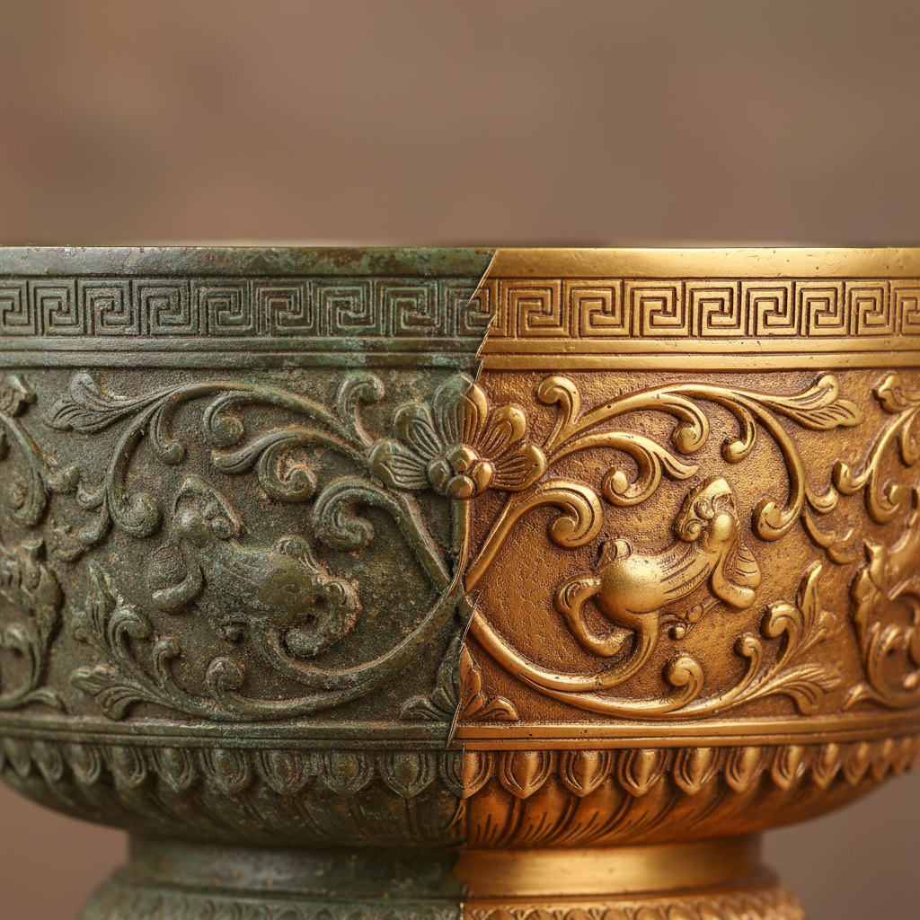 A professional, close-up photo of a beautifully detailed bronze sculpture, perhaps an ornate figurine or a decorative bowl. The image should starkly contrast a 'before' and 'after' cleaning state. One half of the object is heavily tarnished with a dull, greenish-brown patina, showcasing years of oxidation. The other half gleams brightly with a warm, polished, reddish-gold metallic luster, reflecting light. The transition should be subtle, as if mid-cleaning, emphasizing the dramatic improvement from proper care. The background is softly blurred to keep focus on the bronze object.
