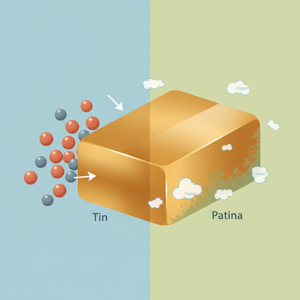 A clean, modern flat illustration in an infographic style explaining bronze composition and oxidation. On one side, represent copper and tin atoms (or simple spheres) fusing to form a larger, shiny bronze block. On the other side, depict a segment of the bronze surface, initially bright, being gradually covered by a thin, dull, greenish layer, symbolizing patina formation due to interaction with small, abstract air/oxygen particles floating nearby. Use distinct, complementary colors for the metals and the oxidation process to clearly differentiate the elements and stages.