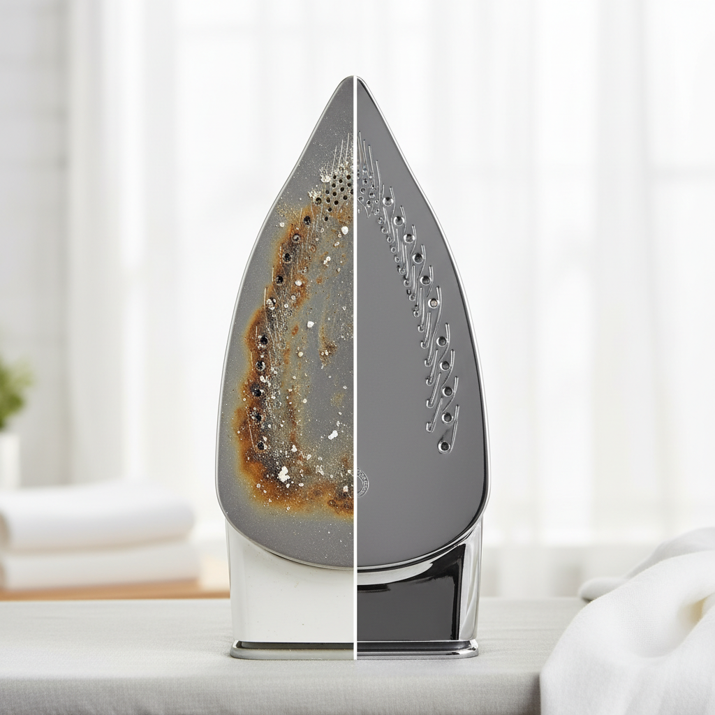 A professional product photography shot featuring a side-by-side comparison of an iron's soleplate. On the left, the soleplate is visibly dirty, covered in dark, burnt fabric residue, yellowish stains, and subtle white limescale deposits. On the right, the identical soleplate is perfectly clean, gleaming, and smooth, reflecting ambient light beautifully. The background is a soft-focus, clean domestic setting, emphasizing the transformation from grimy to pristine.