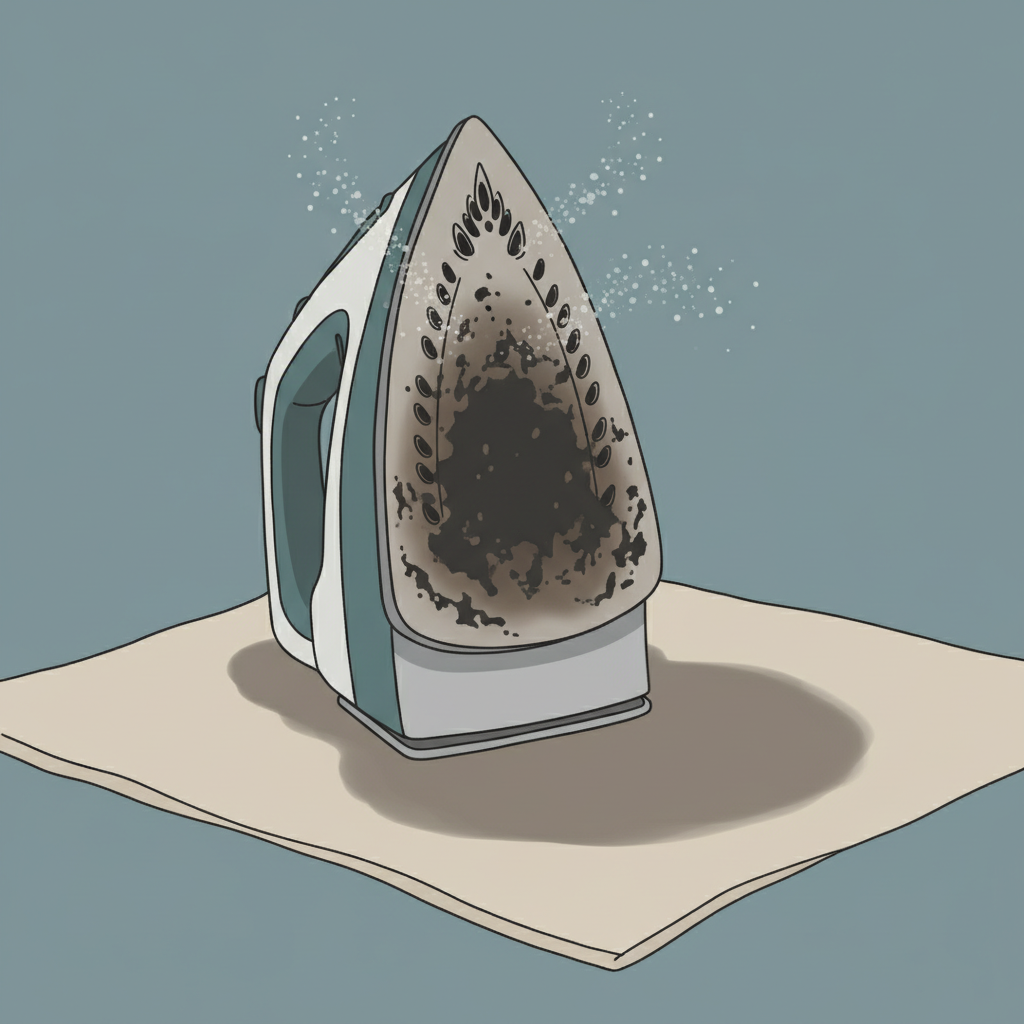 A detailed flat illustration depicting the negative effects of a dirty iron. Show an iron with a visibly tarnished soleplate, featuring dark, irregular burnt marks. Below the iron, a piece of light-colored fabric has a corresponding dark stain being transferred onto it from the iron. Simultaneously, subtle greyish-white particles (representing limescale) are visibly emitting from the iron's steam vents, drifting towards another part of the fabric. The illustration uses clean lines and a modern, slightly desaturated color palette to highlight the problem.
