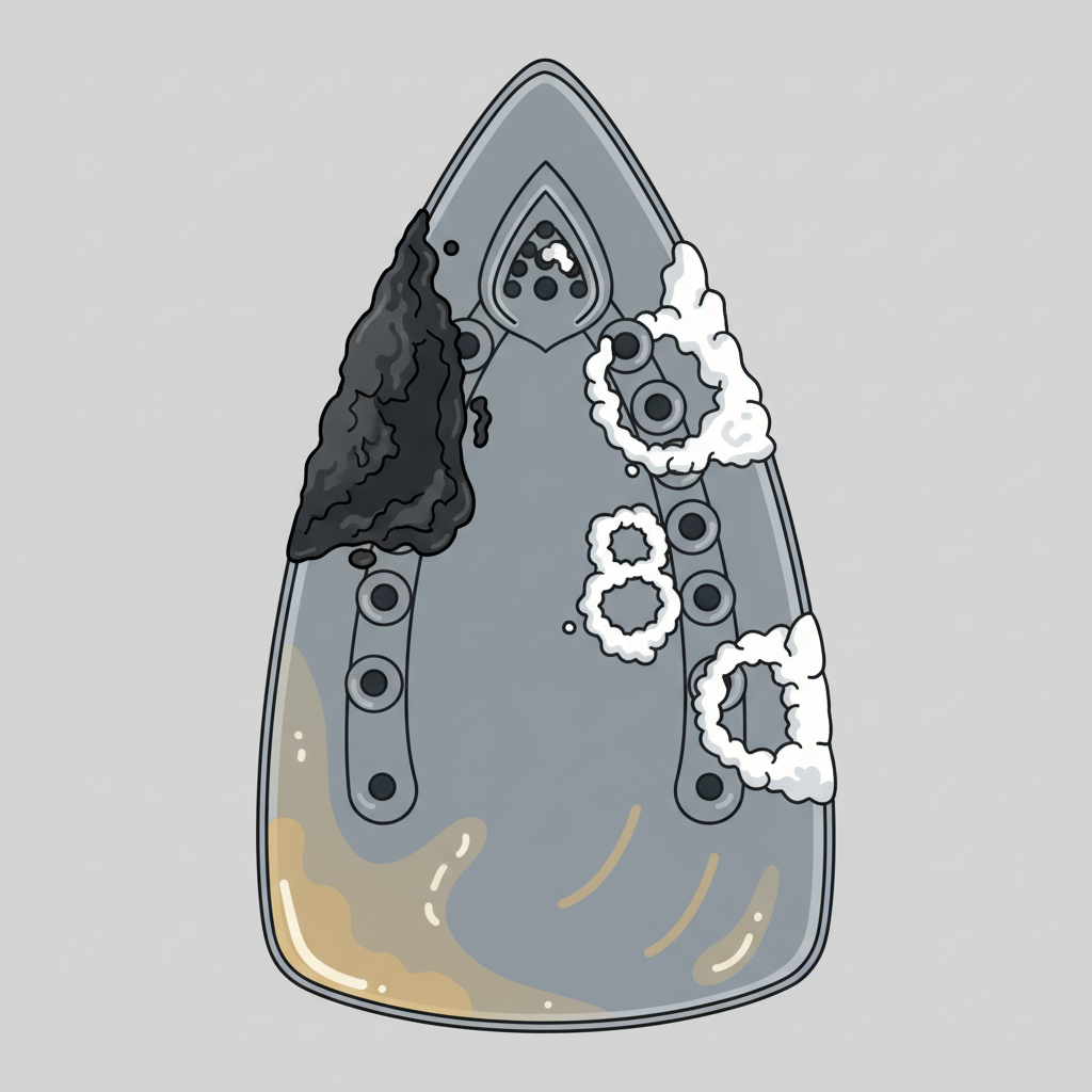 A detailed, close-up flat illustration of an iron's soleplate, visually segmented to showcase various common problems. One section displays dark, burnt-on synthetic fabric residue. Another distinct area features white, crusty lime scale buildup around several steam vents, suggesting mineral deposits. A third section subtly indicates a sticky, slightly discolored patch. The overall impression is a clear, diagnostic visual highlighting the diverse issues that necessitate iron cleaning, rendered with crisp lines and distinct textures for each problem area.