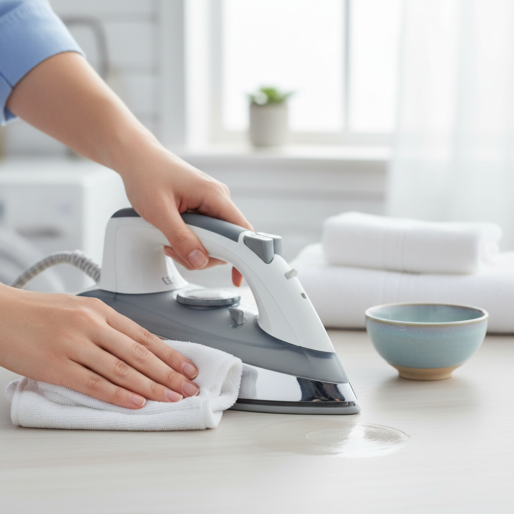 A bright, professional lifestyle photo showing the process of cleaning an iron's soleplate. The scene focuses on a pair of hands gently wiping the cool soleplate of a modern iron with a soft, slightly damp cloth. Beside the iron, a small, elegant ceramic bowl contains clear liquid, subtly implying vinegar or a cleaning solution. The iron's sole, initially showing a slight imperfection or smudge, is visibly being cleaned, with a portion looking noticeably shinier. The composition emphasizes clarity, cleanliness, and the ease of the cleaning process.
