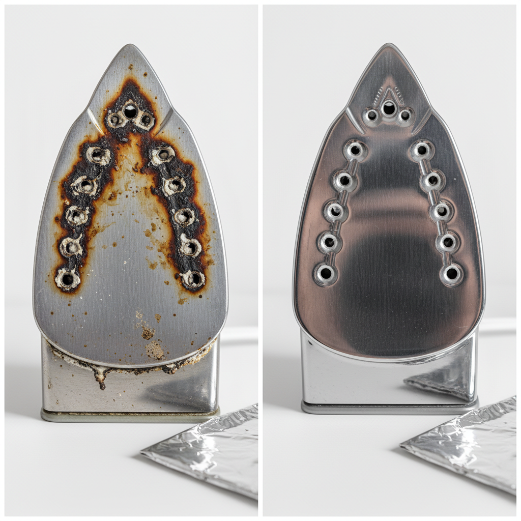 A clear, contrasting depiction of an iron's soleplate. On one side, a close-up of a heavily stained iron sole, exhibiting burnt textile residue and prominent limescale deposits, signifying the 'before' state. On the other side, the same type of iron sole, now impeccably clean, polished, and reflecting light, representing the 'after' state. A neatly folded roll or piece of aluminum foil is subtly placed next to the clean sole, serving as the visual link to the cleaning method. High-definition product photography with a sharp focus and clean, minimalist background.