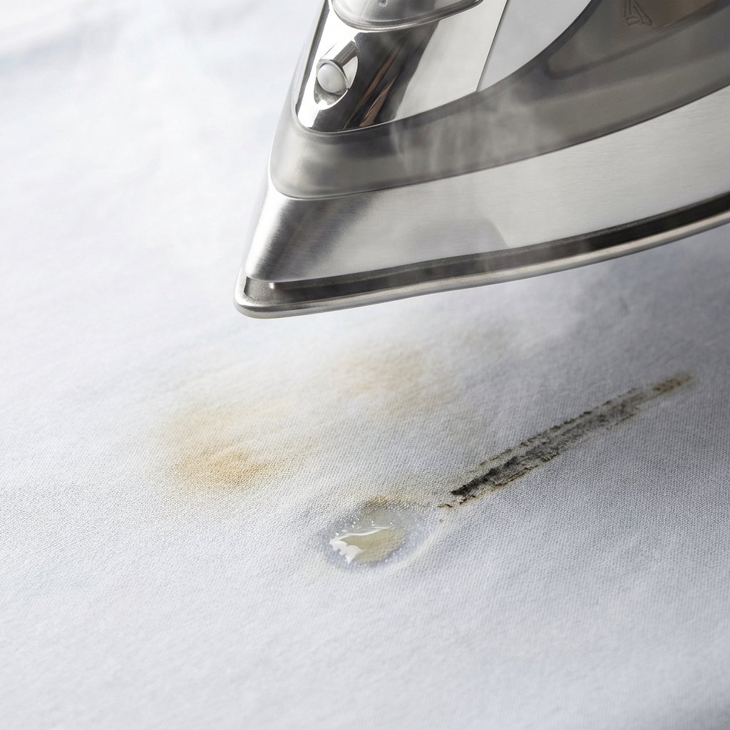A detailed, close-up shot of a modern steam iron's hot plate hovering just above a light-colored fabric. The fabric exhibits three distinct types of iron damage: a subtle yellow/brown scorch mark, a small, shiny, slightly melted patch (indicative of synthetic fiber damage), and a faint dark residue streak. The scene should clearly depict the consequence of improper ironing, highlighting the different visual manifestations of iron stains. The overall style should be a professional, high-resolution product photography aesthetic with clear, bright lighting, emphasizing texture and damage.