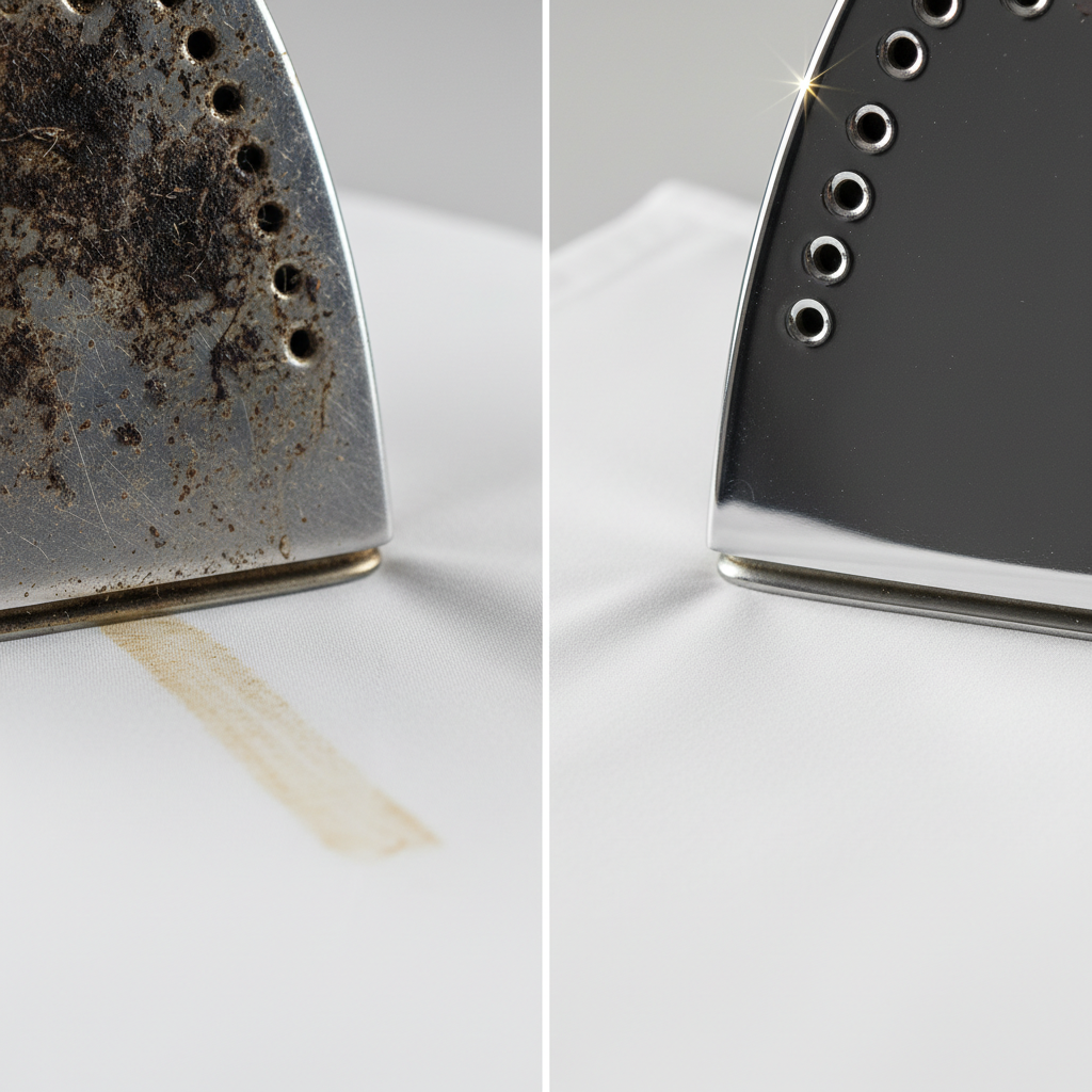 A split image showing a clear contrast. On the left, a close-up of a visibly dirty iron sole with dark, burnt-like residue and lint, leaving a faint yellowish-brown streak on a pristine white fabric. On the right, the same iron, but its sole is now sparkling clean and polished, reflecting light, gliding effortlessly over a perfectly smooth, unblemished white fabric. The overall style should be professional product photography with soft, natural lighting, emphasizing the transformation from problem to solution and the importance of cleanliness.