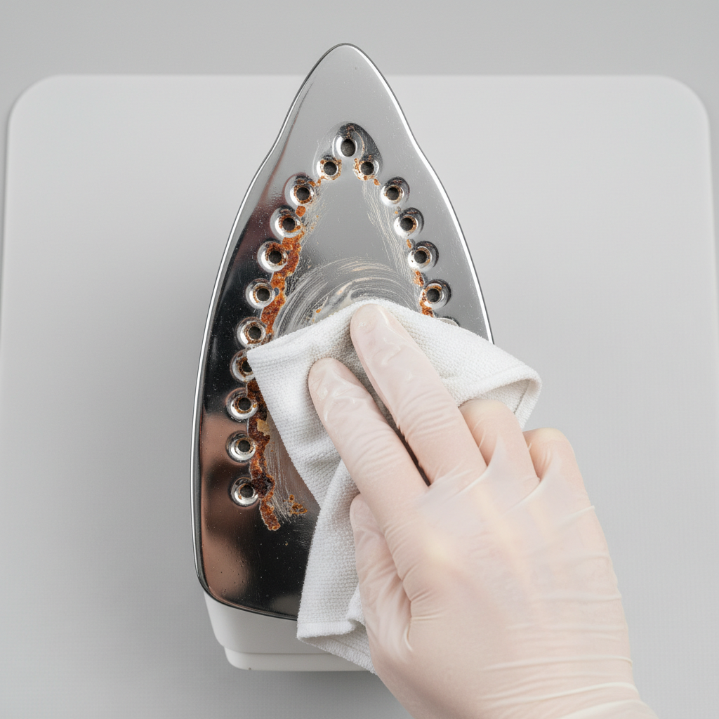 A close-up, top-down view of an unplugged iron sole being actively cleaned. A hand, wearing a simple protective glove, gently rubs a soft white cloth, imbued with a subtle cleaning agent (like a paste or liquid), across the sole's surface, where various dark, reddish, and slightly textured residues are visible. The cleaning motion should convey efficacy, with a small section of the sole already appearing noticeably cleaner and shinier. The background is a clean, minimalist work surface. Professional photo style with bright, diffused lighting, focusing on the cleaning action.