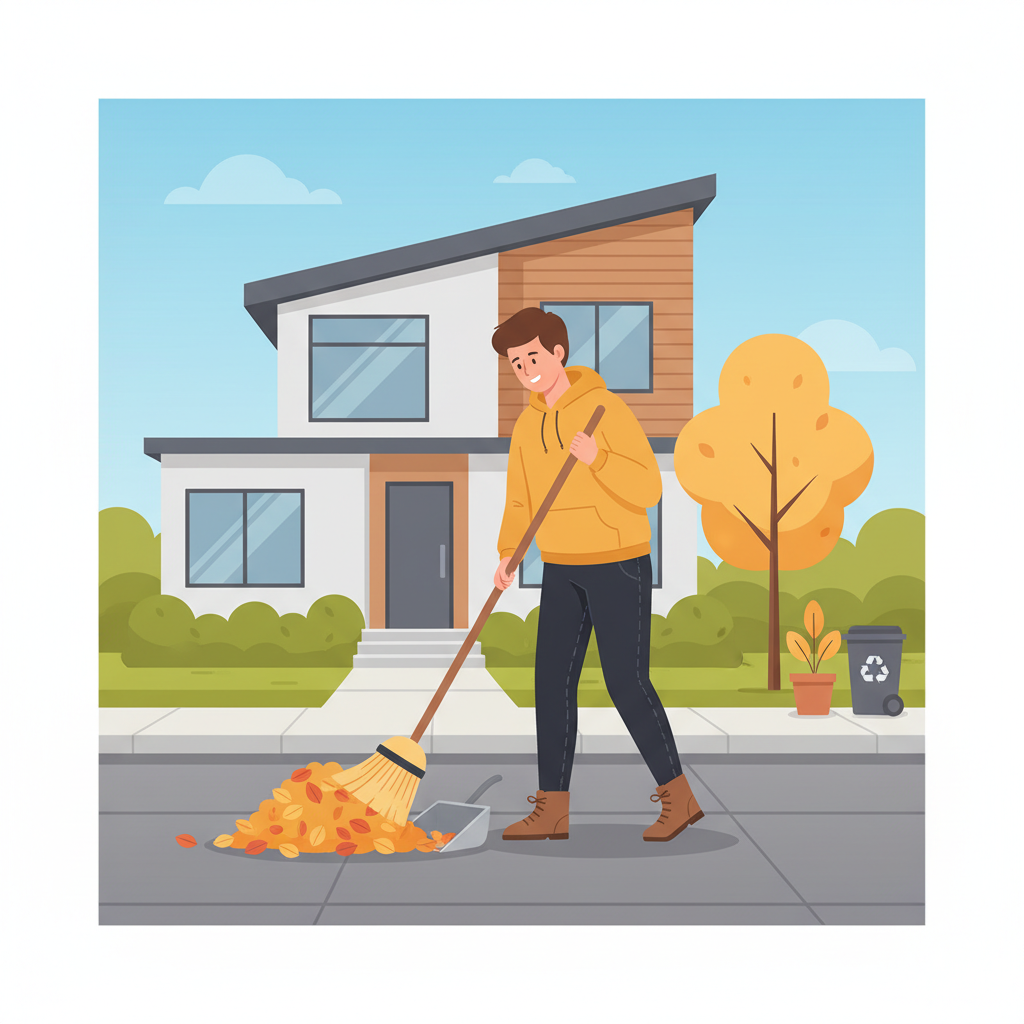 A vibrant flat illustration depicting a sunny autumn day. A person, gender-neutral and casually dressed, is diligently sweeping a clean, paved sidewalk in front of a neat, modern house. A pile of colorful fallen leaves is gathered near the curb, and a broom and dustpan are clearly visible. The overall scene emphasizes cleanliness, care, and the peaceful act of maintaining public space adjacent to private property. The illustration should convey a sense of civic duty and community safety, with a bright and inviting color palette.