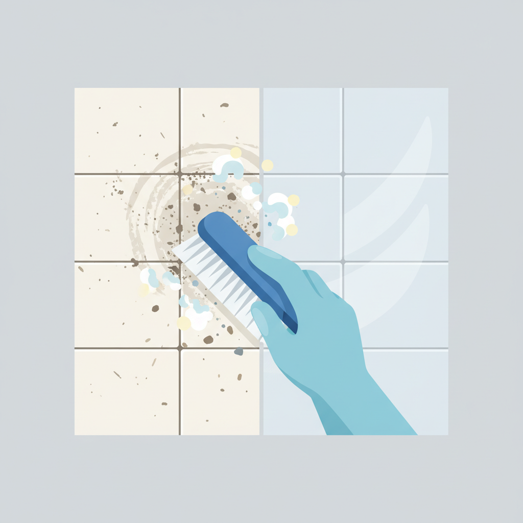 A modern, clean flat illustration depicting a split view of a dirty surface being transformed. On the left side, show a section of a kitchen countertop or tiled floor grout with visible, embedded dirt and grime. On the right side, show the same surface segment, clearly cleaner and sparkling. A hand holding a cleaning brush is actively scrubbing the transition area between the dirty and clean parts. Subtle, abstract visual elements like gentle foam or dissolved particles emanate from the brush bristles, representing the cleaning agent's action. The focus is on the powerful combination of mechanical brushing and chemical cleaning.
