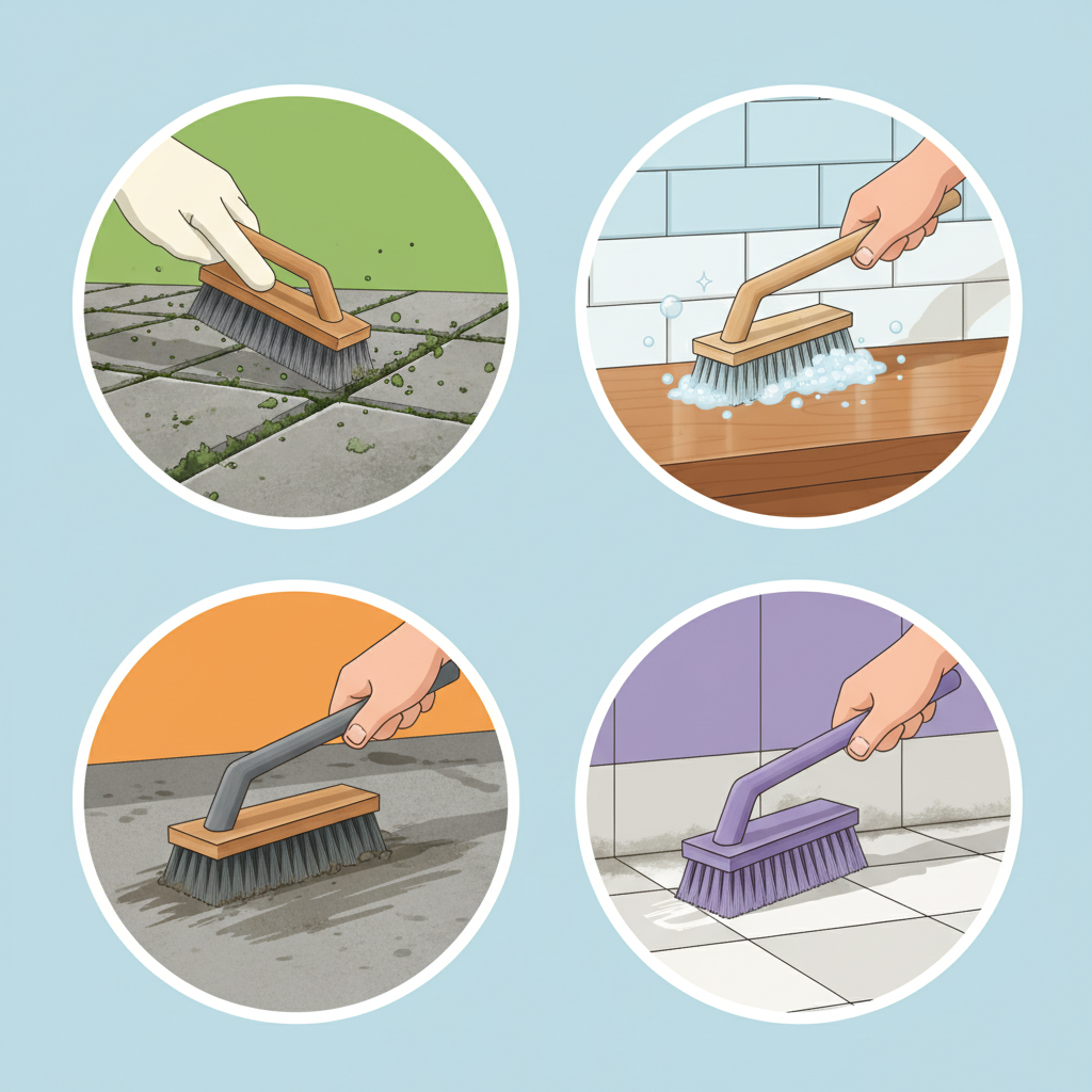 An infographic-style illustration showcasing the versatile applications of brush cleaners. Divide the image into several distinct, small vignettes. One vignette shows a hand with a stiff-bristled brush effectively removing moss from the cracks of outdoor patio paving. Another vignette depicts a softer brush gently cleaning a kitchen counter or bathroom tile, with subtle bubbles indicating a general-purpose cleaner. A third vignette features a larger, more robust scrubbing brush tackling a wider floor area. Each scene highlights different brush types and cleaning scenarios, emphasizing effectiveness for various surfaces and dirt types. Use bright, clean colors.