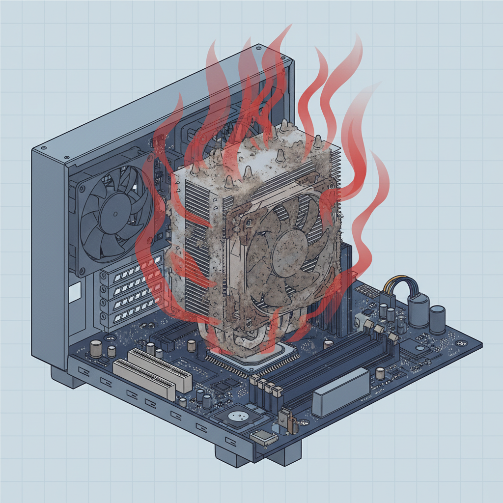 A detailed technical illustration of a computer's open interior, with a strong focus on the CPU and its cooler. The CPU cooler (heatsink and fan) is visibly clogged with thick layers of dust and grime, completely obstructing the fins and fan blades. Subtle, wavy red and orange heat lines should emanate upwards from the dusty cooler, visually representing overheating and inefficient heat dissipation. The surrounding motherboard and other components should be slightly blurred, drawing the viewer's eye directly to the problem area. The overall style should be a modern, clean cutaway diagram.