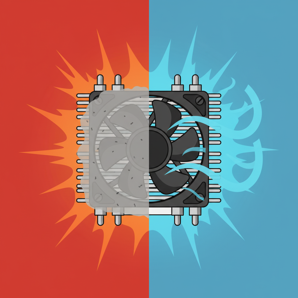 A comparative infographic illustration presented as a split image. On the left side, an identical CPU cooler is depicted as heavily caked with dust, completely obstructing its fins and fan blades. Visual cues, such as radiating red heat waves or a warm, oppressive color palette, should clearly indicate high temperatures and poor airflow. On the right side, the exact same CPU cooler is shown impeccably clean, with clear, unobstructed airflow channels. Subtle blue air current lines or a cool, refreshing color palette should represent efficient cooling and optimal temperature regulation. The illustration should have a crisp, flat design.