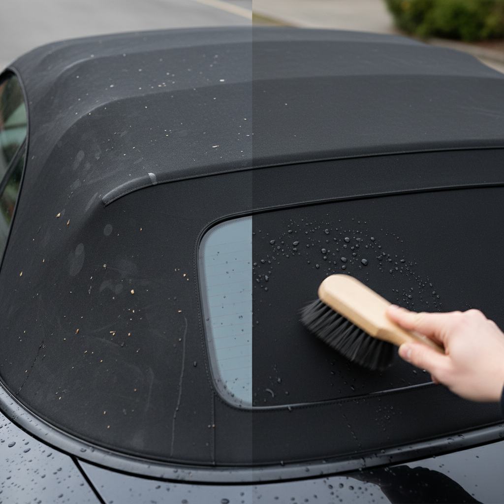 A split-scene professional photo of a convertible car's soft top. On the left side, the black fabric is visibly dirty with subtle stains, specks of bird droppings, and dullness. On the right side, the same fabric is pristine, dark, and appears freshly cleaned, with small water droplets beading on its surface. A human hand, partially visible from the side, is gently scrubbing the center dividing line with a soft brush, symbolizing the transformation.