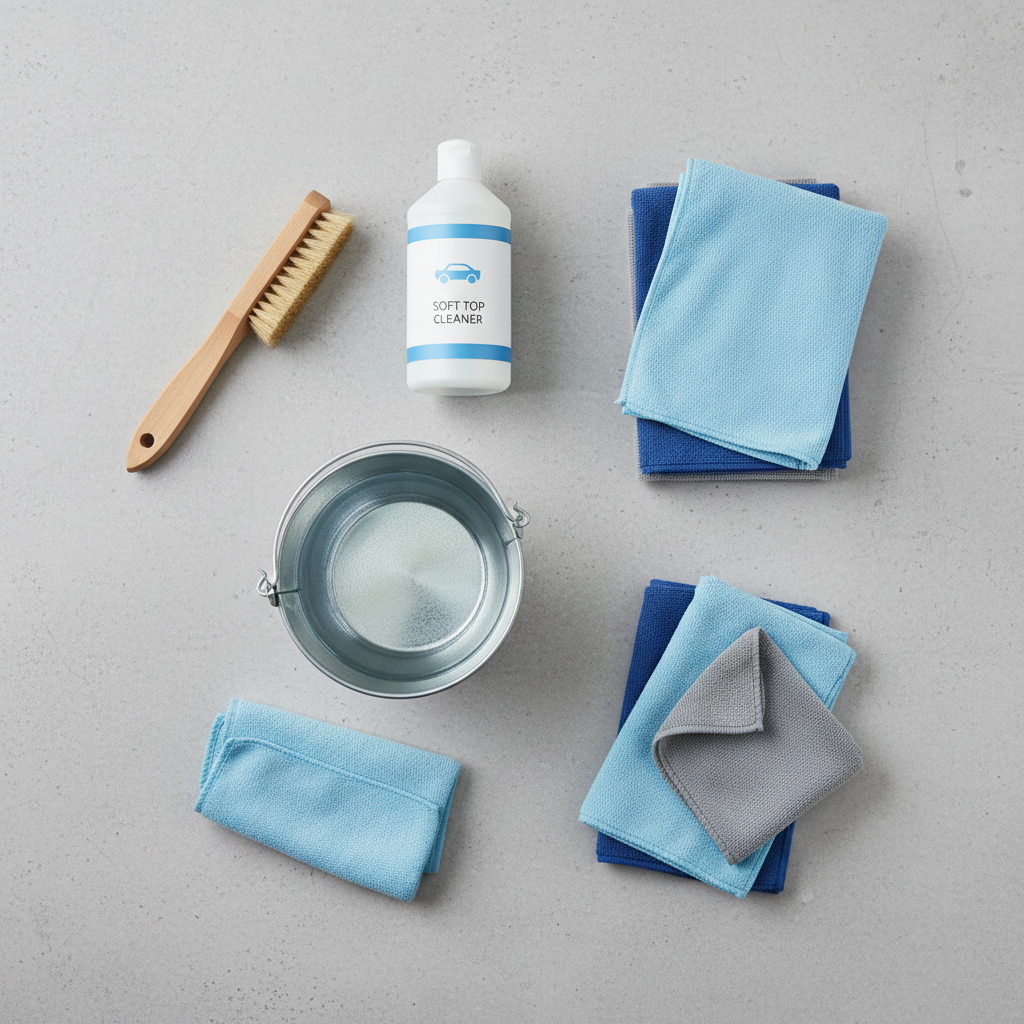 A vibrant, high-angle flat lay illustration showcasing an organized collection of essential cleaning tools for a convertible soft top. This includes a soft-bristled cleaning brush, a generic bottle of specialized fabric cleaner (without any branding), a small bucket filled with clear water, and several neatly folded microfiber cloths. The background is a clean, neutral surface, suggesting a practical workspace.