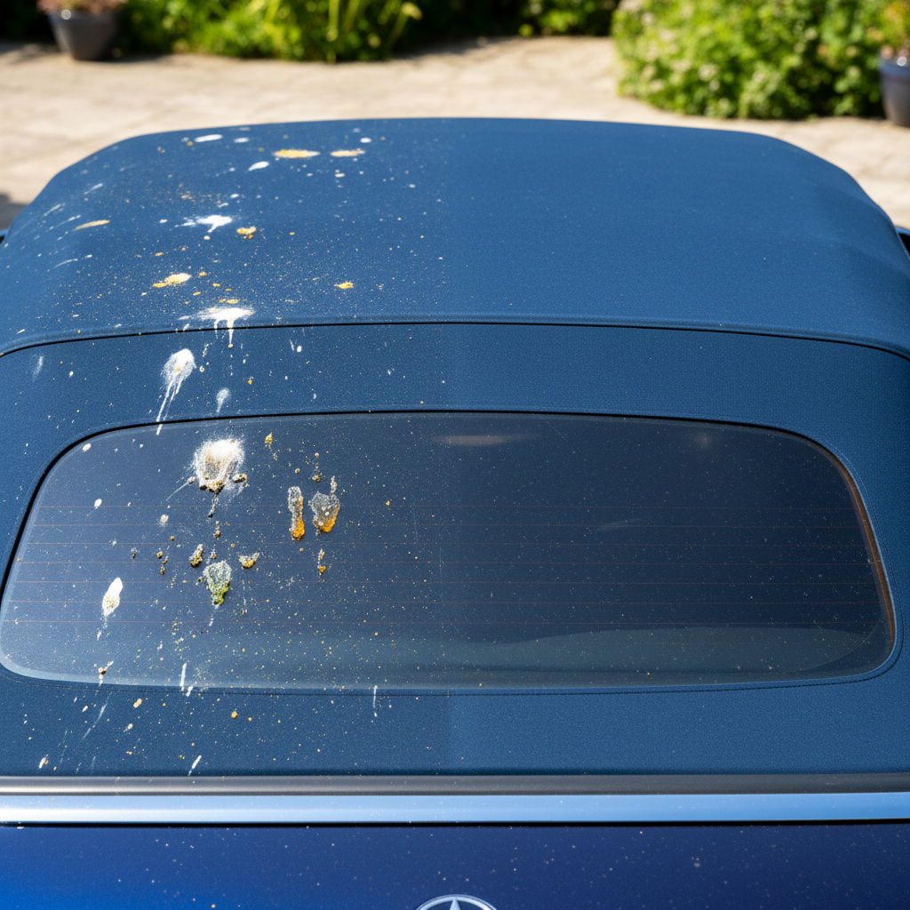 A luxurious, deep blue convertible car is depicted with its fabric soft top visually divided into two halves. The left half is covered in various common stains: dried bird droppings, sticky tree sap, and a fine layer of yellow pollen, making it appear dull and neglected. The right half, in stark contrast, is perfectly clean, vibrant, and spotless, showcasing the material's original color and texture. The image emphasizes the dramatic 'before and after' transformation achievable through proper care. Professional photo, bright outdoor lighting, focusing on the fabric detail.