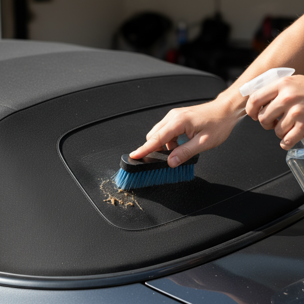 A close-up, eye-level perspective focusing on the careful cleaning of a convertible car's black fabric soft top. Gentle hands are shown in action: one hand holds a specialized soft-bristle cleaning brush, delicately working on a visible, stubborn stain like dried tree sap or bird droppings. Another hand, just entering the frame, is poised to apply a gentle cleaning solution from a spray bottle. The fabric texture is clearly visible, highlighting both the remaining dirt and the area already being cleaned. Detailed, clean product photography style, natural lighting.