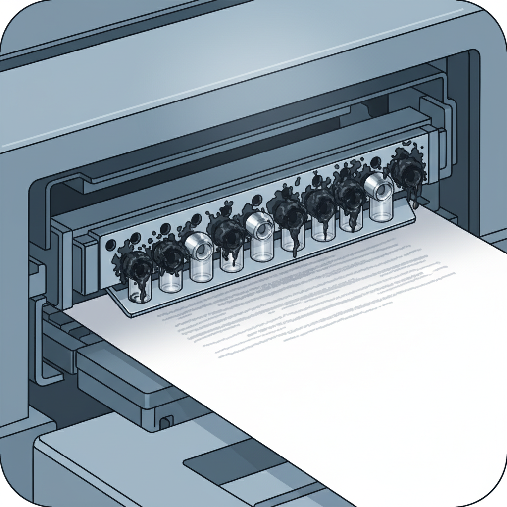 A close-up, cutaway technical illustration of a printer's internal printhead mechanism. Focus intensely on the tiny nozzles, some clearly visible and clean, while others are severely blocked and crusted with hardened, dark ink. From the perspective of the clogged nozzles, a faint, streaky print pattern emerges onto a white sheet of paper below, symbolizing the poor output quality. The surrounding printer parts are rendered in a minimalist, schematic style to keep the focus on the printhead and its malfunction. Style: Detailed technical illustration with a subtle color palette highlighting the ink and clogs.
