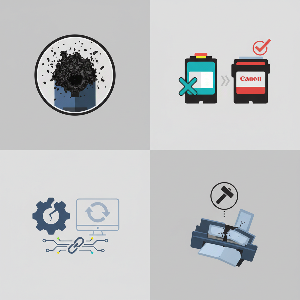 A multi-panel flat illustration or infographic-style image depicting various reasons for a non-functioning printhead. One section shows magnified, dried ink residue severely obstructing a nozzle. Another panel displays a generic, non-original ink cartridge next to a Canon brand cartridge, implying a mismatch or incompatibility. A third section features abstract representations of digital problems, such as a broken gear icon or a 'refresh' arrow over a faded screen, symbolizing software or driver issues. A final, smaller panel hints at physical damage to a printhead component. Each element is clearly distinct, yet visually connected. Style: Clean, modern flat illustration with clear conceptual representations.