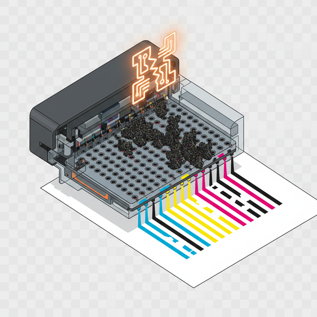 A detailed technical illustration, presented in an isometric or 3/4 view, focusing on the internal mechanics of a printer's print head. The print head features numerous tiny nozzles. Some nozzles are actively spraying vibrant, colorful ink droplets onto a sheet of paper below, creating perfectly formed lines. In contrast, other nozzles are clearly depicted as blocked or partially obstructed by dark, solidified ink residue. A subtle, non-textual abstract symbol, like a fractured circuit pattern or a broken gear icon, hovers near the clogged nozzles, indicating a malfunction. Below, the paper visually demonstrates the consequence: perfectly printed lines contrasted with streaks, gaps, and faded colors caused by the blockage.