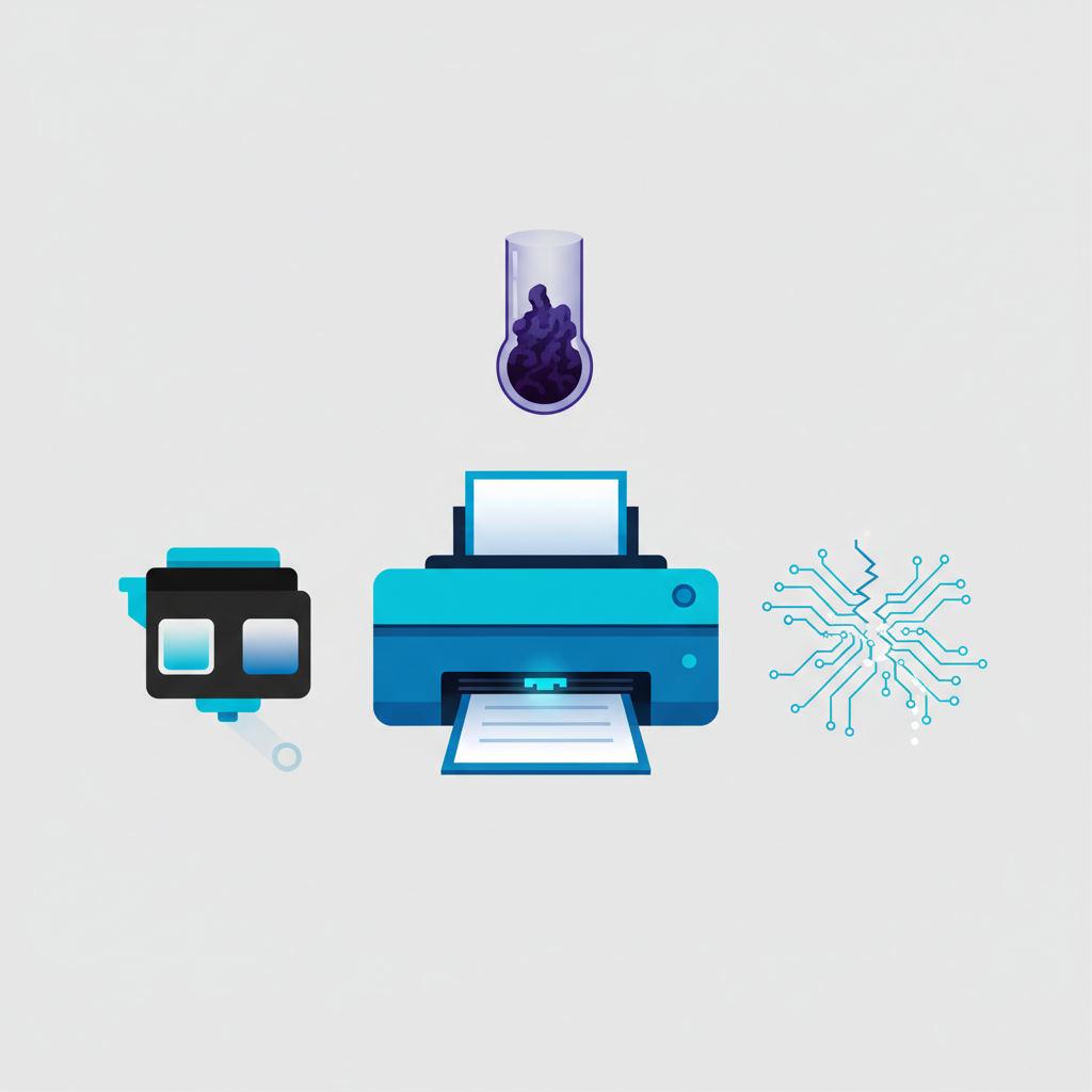 A clean, infographic-style illustration presenting multiple causes for a printer's print head cleaning failure. The central element is an abstracted, modern representation of a printer, with its print head mechanism subtly highlighted. Surrounding it are three distinct, clearly separated visual sections. One section shows an ink cartridge with a visible, non-textual indicator of low or no ink. Another section illustrates a cross-section of an ink channel, depicting hardened, dried ink forming a solid obstruction within. The third section utilizes an abstract graphic, such as a broken data stream or a disrupted circuit pattern, to symbolize a software or firmware issue. The composition effectively communicates various distinct problems contributing to the overall printer malfunction.