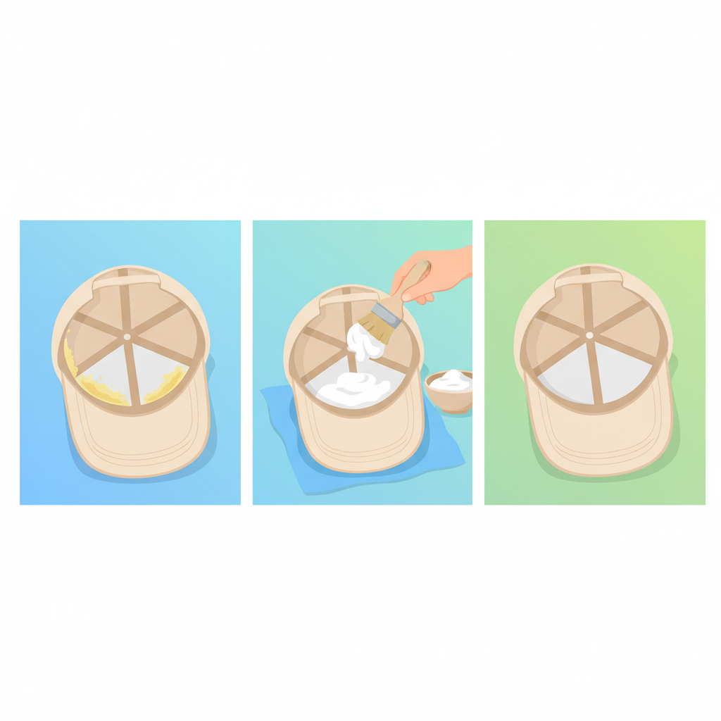A vibrant, clean vector illustration depicting the process of removing sweat stains from a light-colored baseball cap. On one side, a close-up of a cap showing a prominent yellowish sweat stain on the inner band. In the center, a gender-neutral hand gently applies a thick, white baking soda paste onto the stain with a soft bristled brush, next to a small bowl containing more paste. On the other side, the same cap appears completely clean and fresh, with no visible stains. The background is simple and bright, highlighting the transformation from dirty to clean.