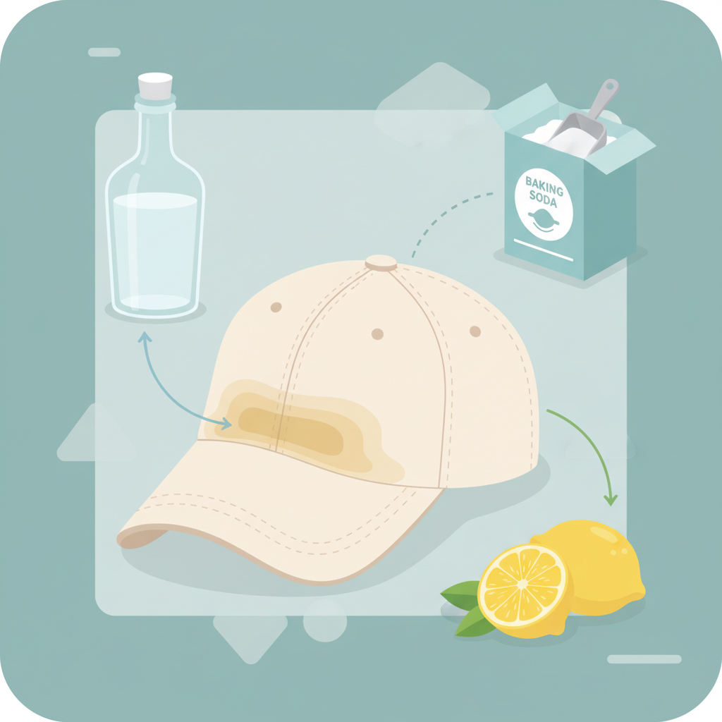 An infographic-style flat illustration showcasing various natural remedies for cap sweat stains. In the center, a slightly worn, light-colored baseball cap prominently displays a yellowish sweat stain across its inner band. Surrounding the cap are distinct visual elements representing common household cleaning solutions: a clear bottle of white vinegar, an open box of baking soda with a small scoop, and fresh lemon halves. Each remedy is subtly linked to the stained cap by a curved line or implied action, suggesting their role in cleaning. The overall palette is clean and inviting, emphasizing helpful tips.
