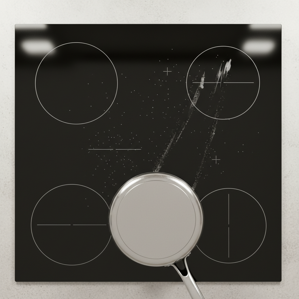 A top-down professional photo of a modern, sleek black ceramic hob (Ceranfeld) with distinct, subtle silver-grey metallic streaks and scratches visible on its surface. In the foreground, a stainless steel pot is being gently lifted or dragged slightly, with faint metallic residue visually originating from its base and connecting to some of the streaks on the hob. The kitchen environment is clean and bright, emphasizing the unwanted nature of the blemishes. The focus should be on the texture of the metallic marks against the smooth hob surface, illustrating the problem and its common cause.